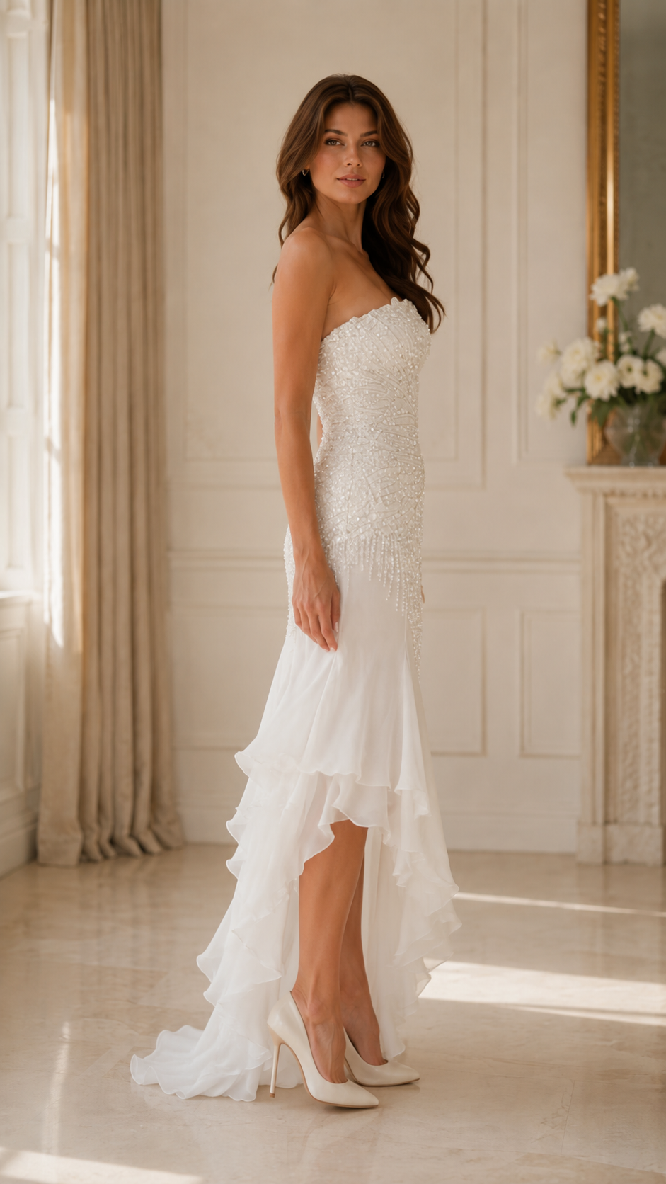 Side view of ivory strapless embellished formal dress with ruffle hem