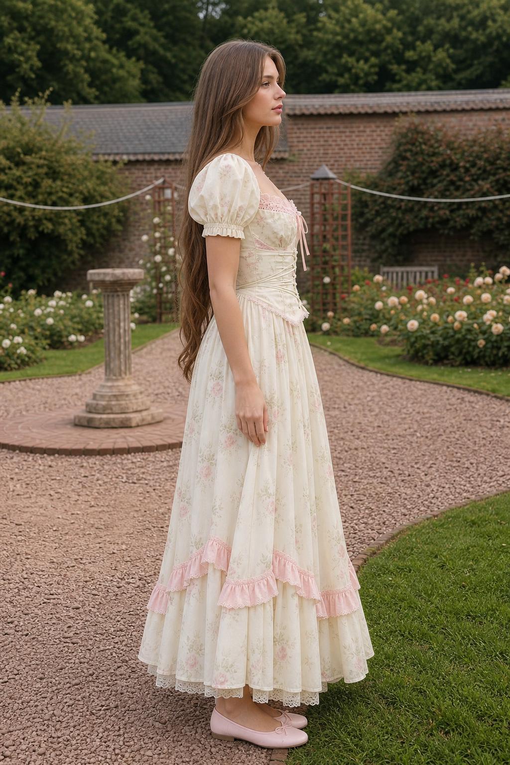 Side profile view of cream floral corset maxi dress