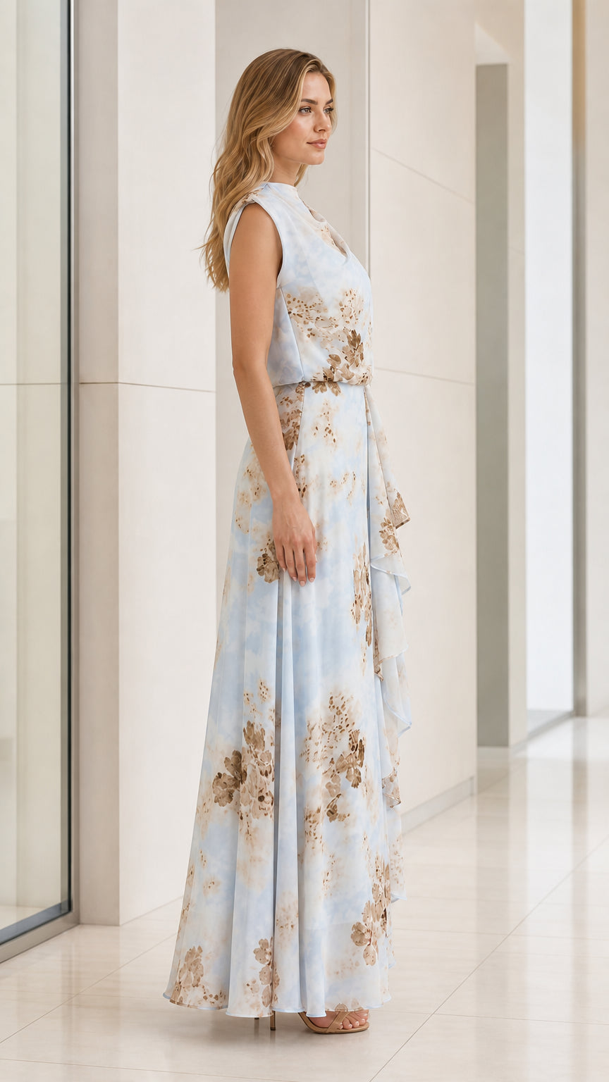 Side profile of model wearing Light Blue floral maxi dress