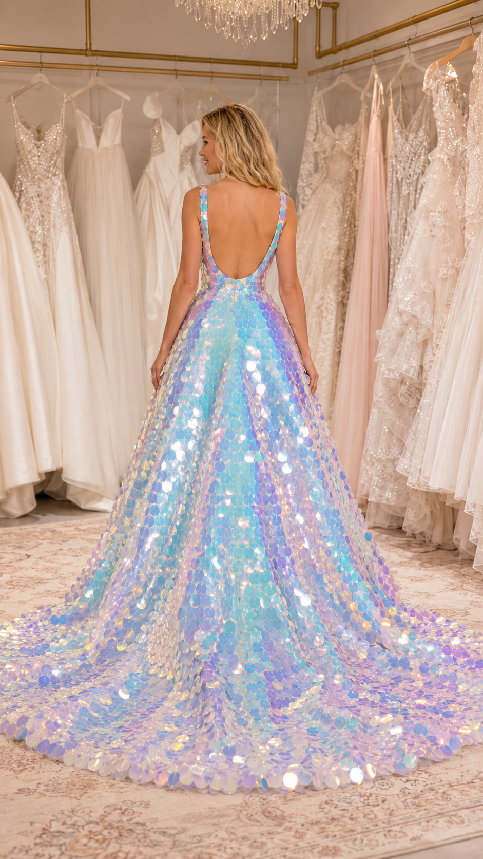 Back view of iridescent blue sequin ball gown with low open back and full train