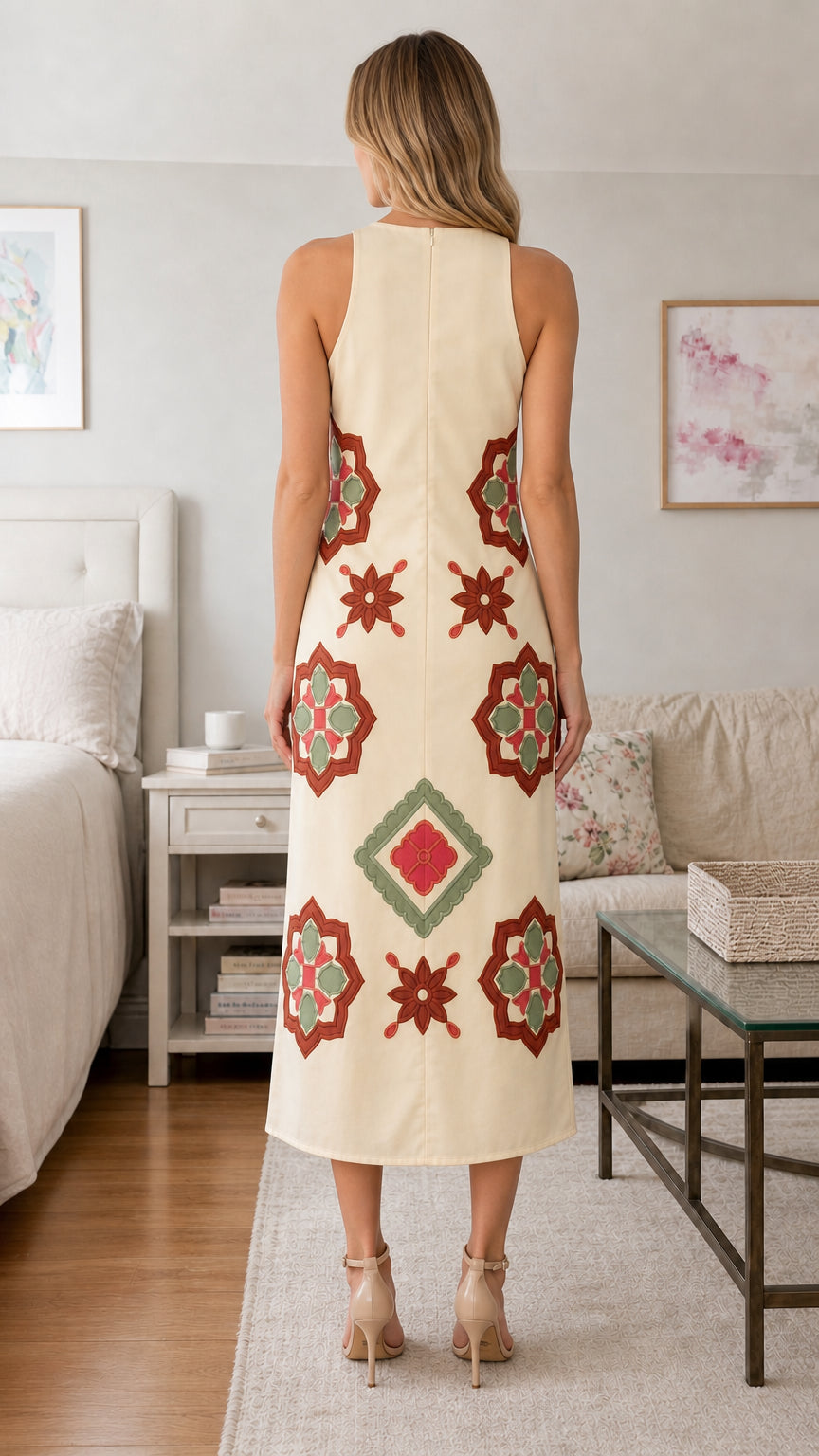 Back view of cream geometric embroidered midi dress