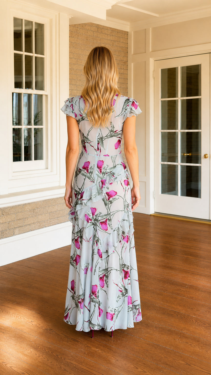 Back view of model in light blue floral maxi dress