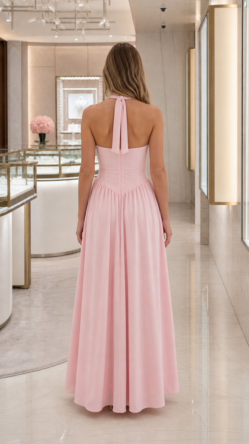 Back view of pink halter neck maxi dress