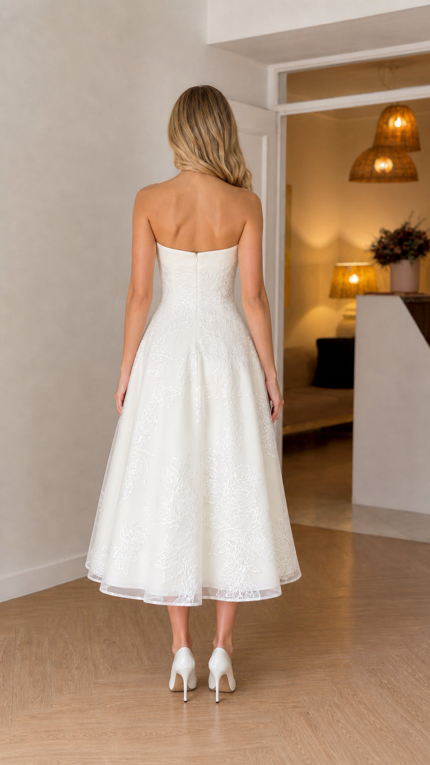 Back view of model in white embroidered strapless midi dress
