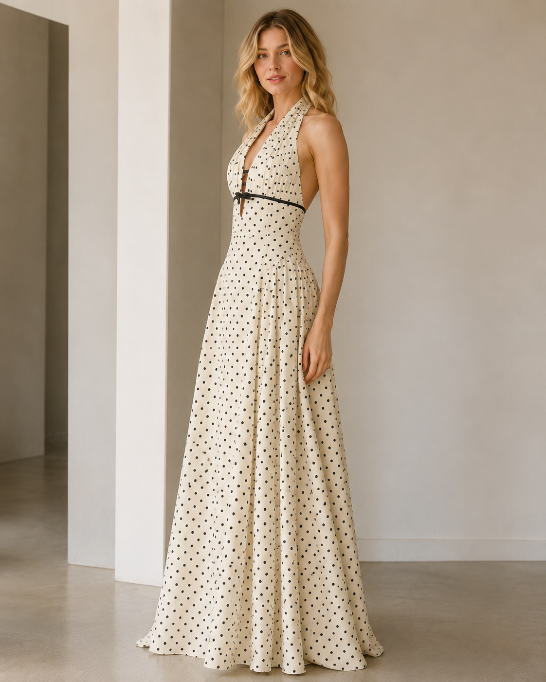 Side view of cream polka dot halter maxi dress