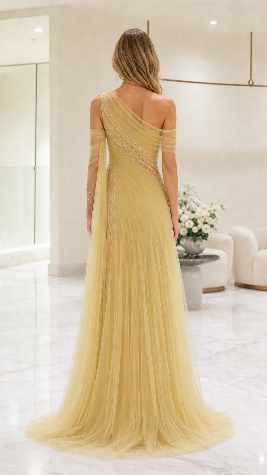 Back view of yellow formal dress