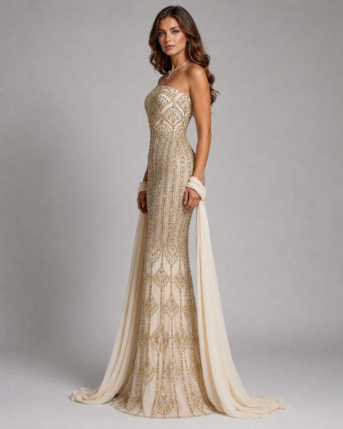 Side angle of champagne strapless floor-length beaded gown with fitted silhouette and draped scarf