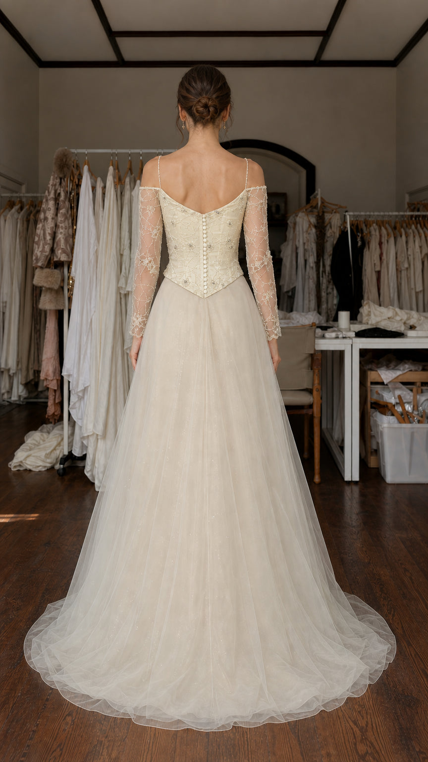 Back view showcasing corset lacing and tulle train