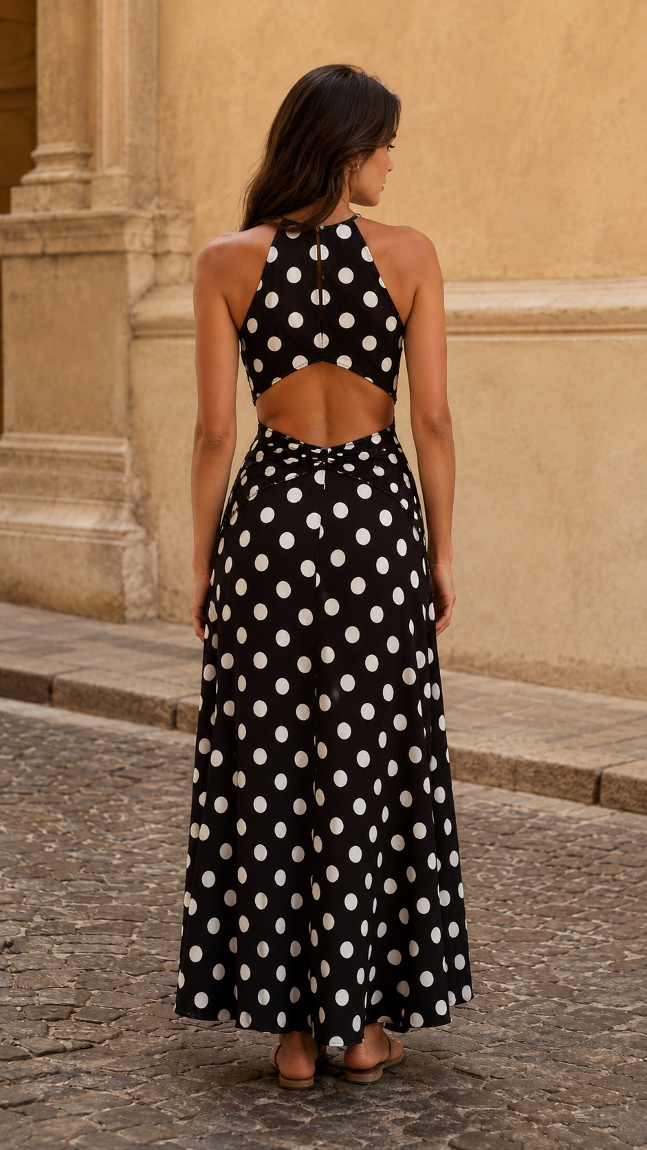 Back view of black polka dot halter maxi dress with open back cutout detail