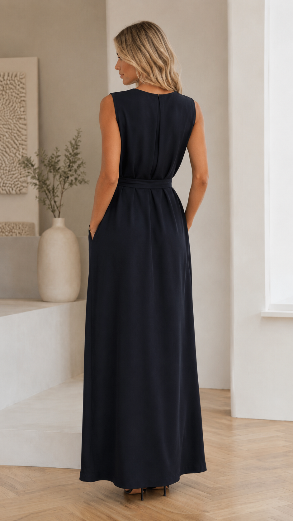 Back view of black sleeveless belted maxi dress