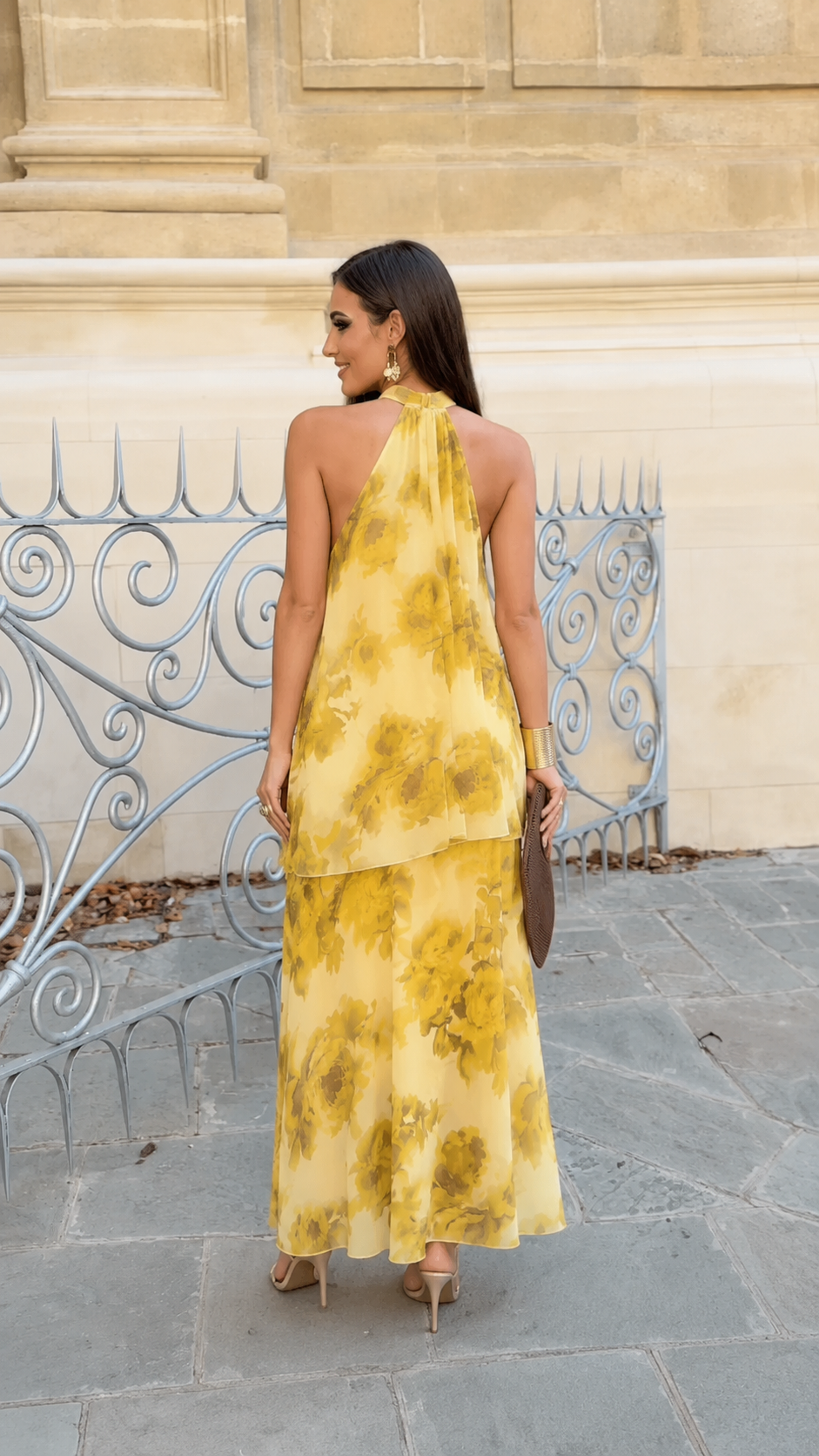 Yellow floral halter layered maxi dress back view