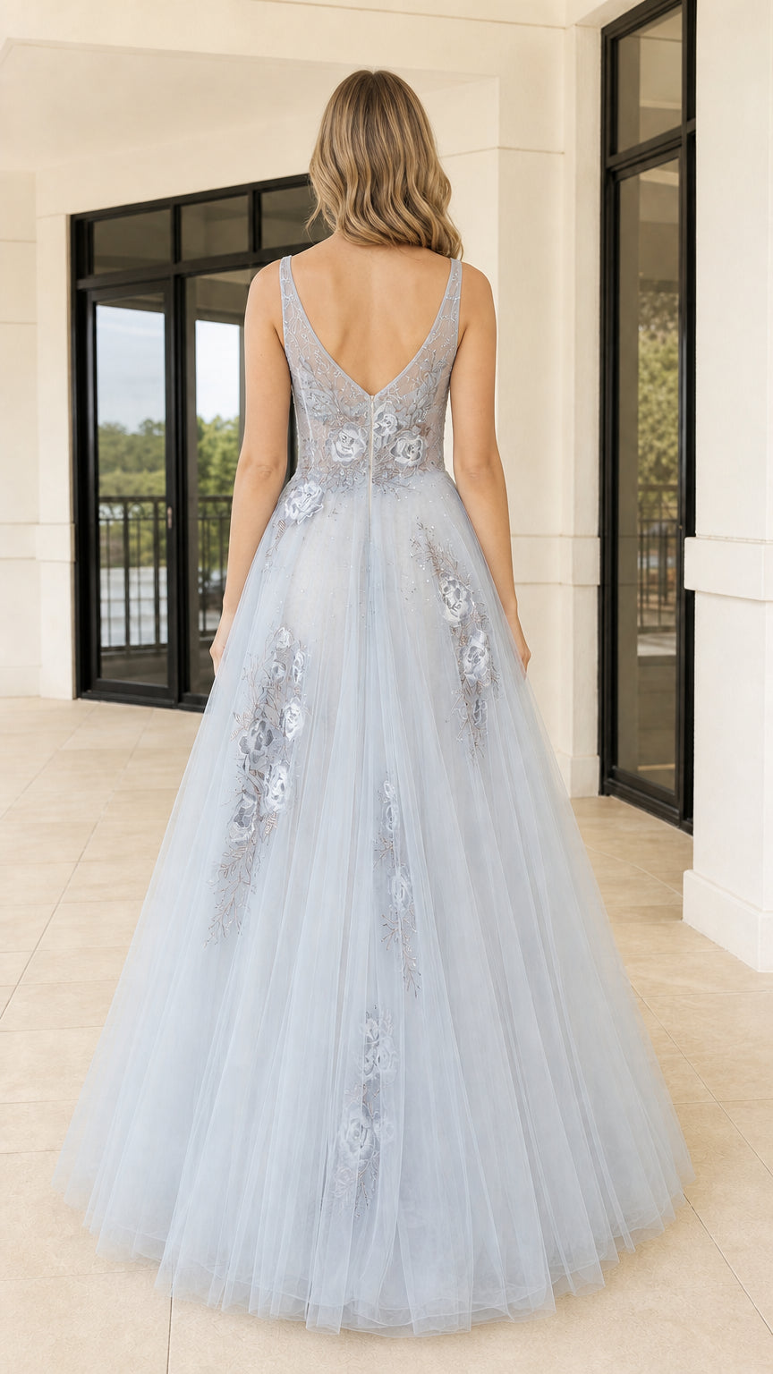 Back view of light blue V-back evening gown