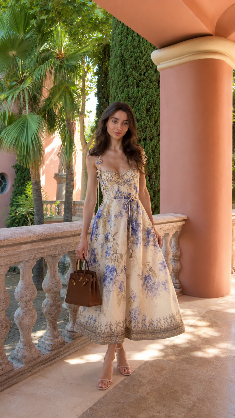 Front view of blue floral midi dress with sweetheart neckline and border hem
