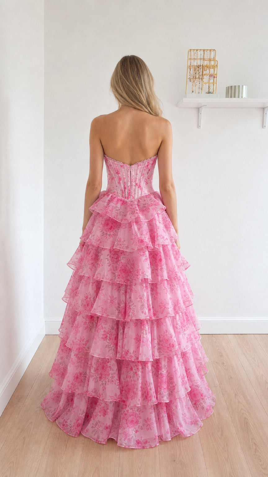Back view of pink floral maxi dress