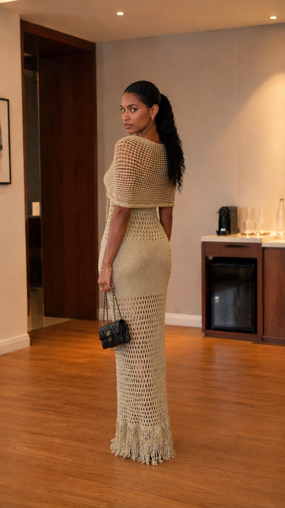 Beige open knit fringe hem maxi dress back view