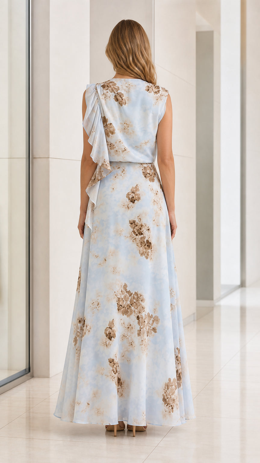 Back view of model in Light Blue floral maxi dress showing shoulder details