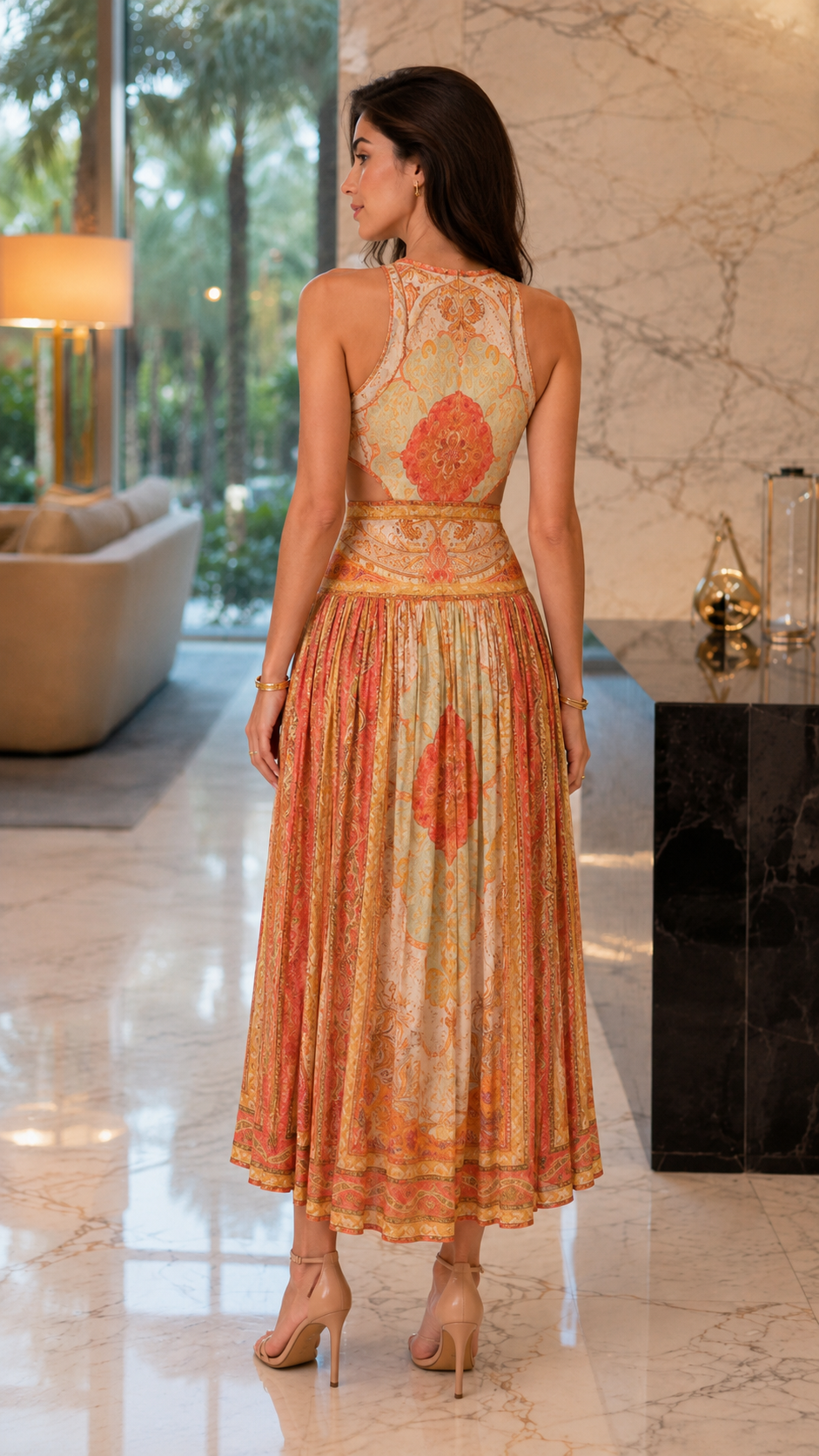Back view of apricot printed midi dress showing sleeveless cut and fitted bodice