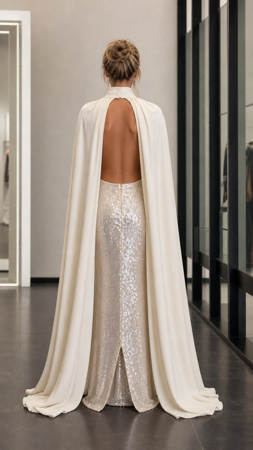 Back view showcasing flowing cape and open back detail