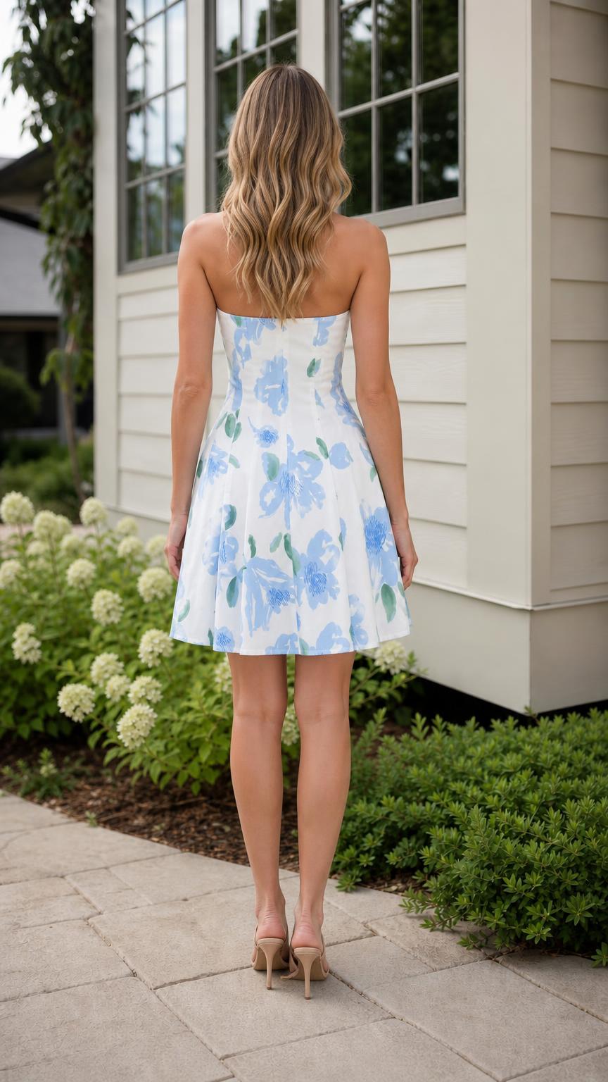 Back view of model wearing white floral strapless mini dress