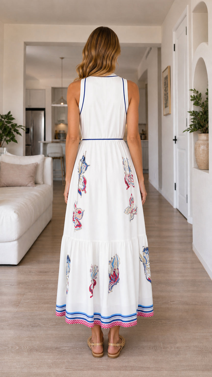 Back view of woman wearing white butterfly print maxi dress