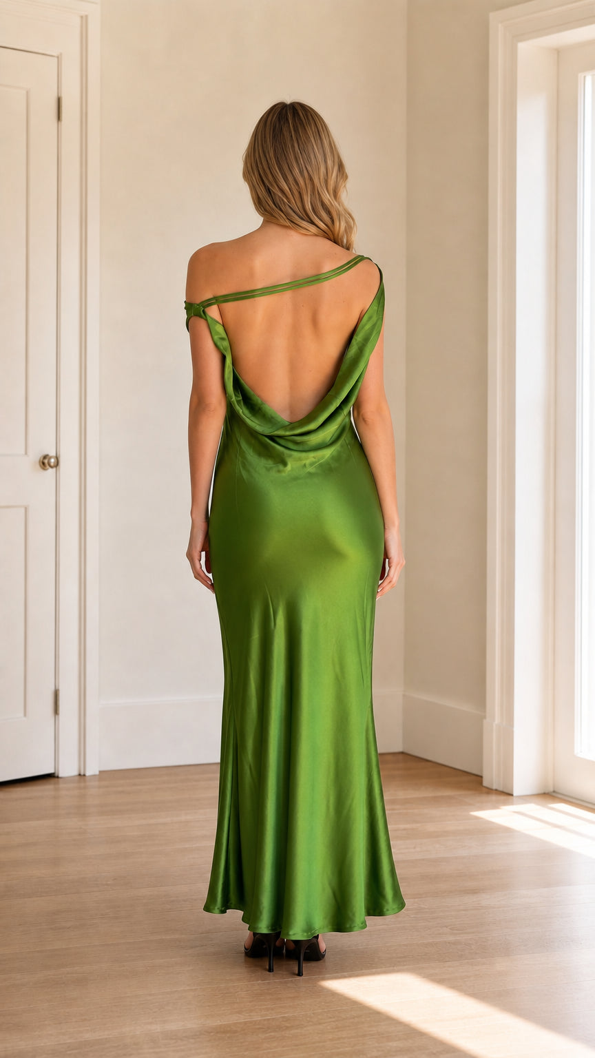 Back view of model showing open-back detail in green dress