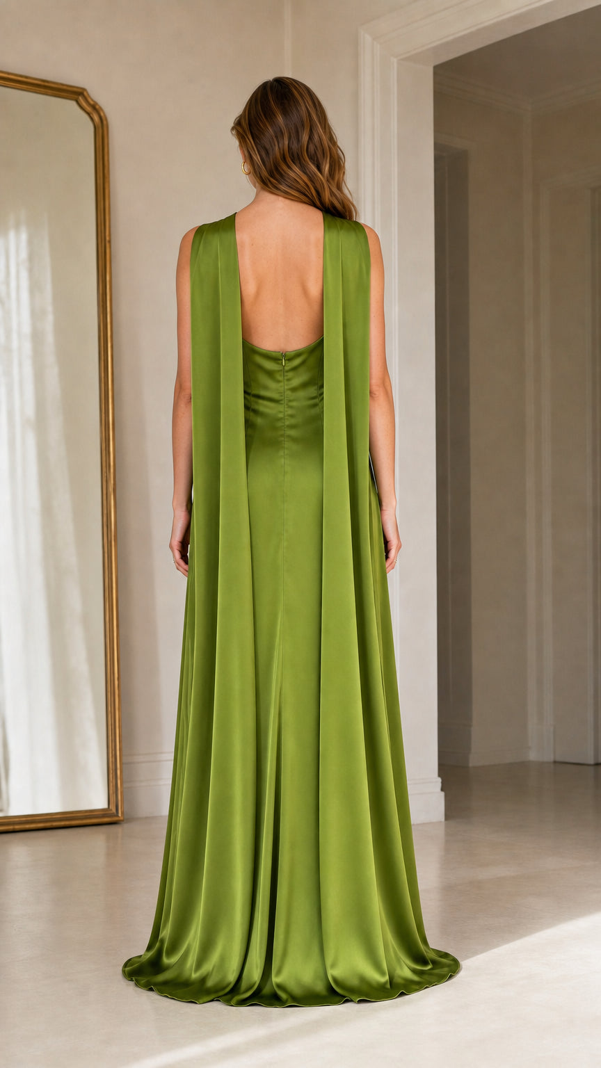 Back view showing flowing drape panels on olive green maxi dress
