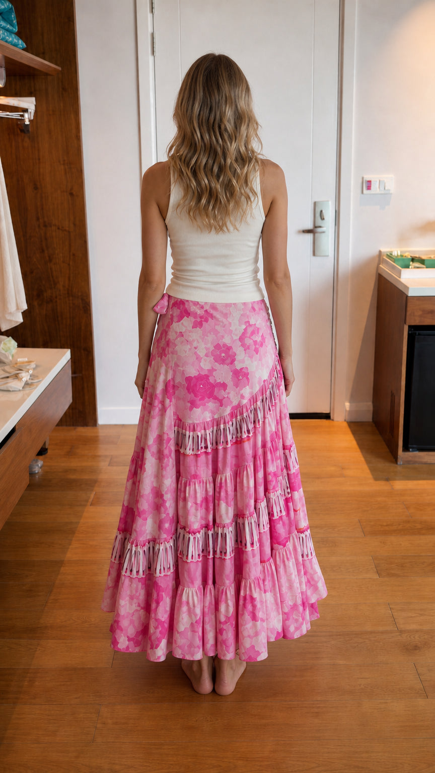 Back view of pink floral wrap long skirt