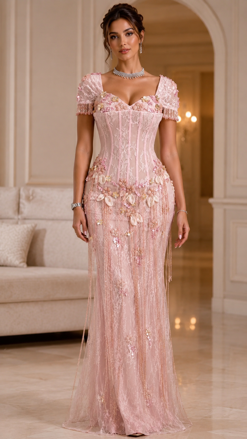 Blush pink floral appliqué formal gown front view with fringe sleeves