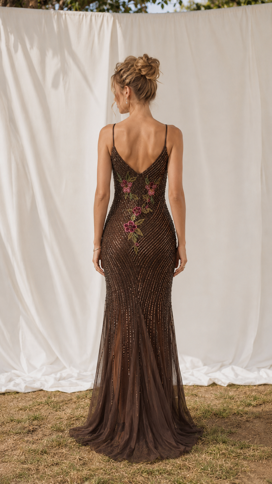 Back view of chocolate brown low back mermaid maxi dress with embroidery