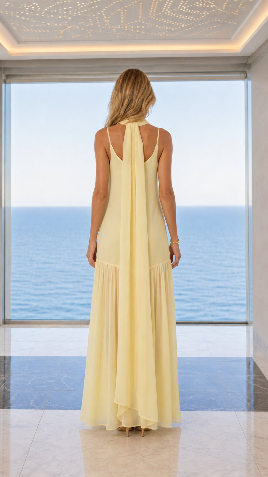Back view showing scarf detail of yellow maxi dress