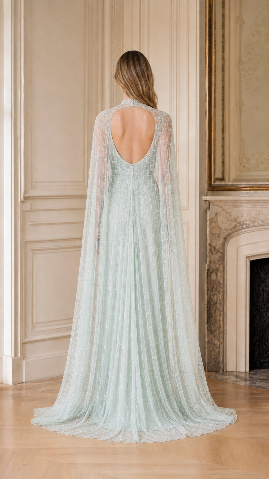 Back view of sage green evening dress with open back detail