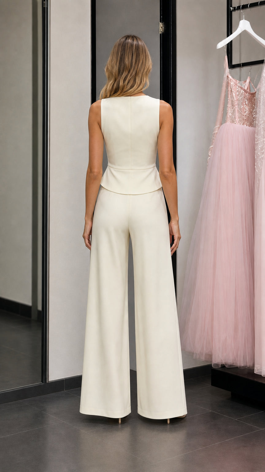 Back view of model in ivory vest and trousers