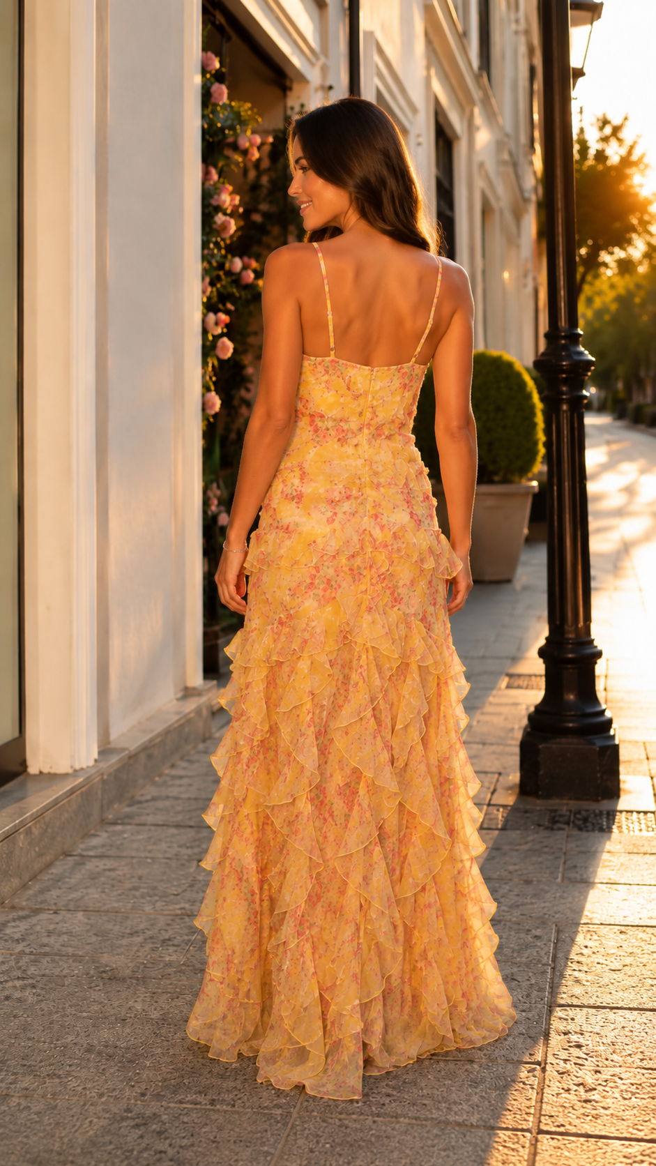 Back view of marigold floral sleeveless maxi dress with flowing tiered skirt