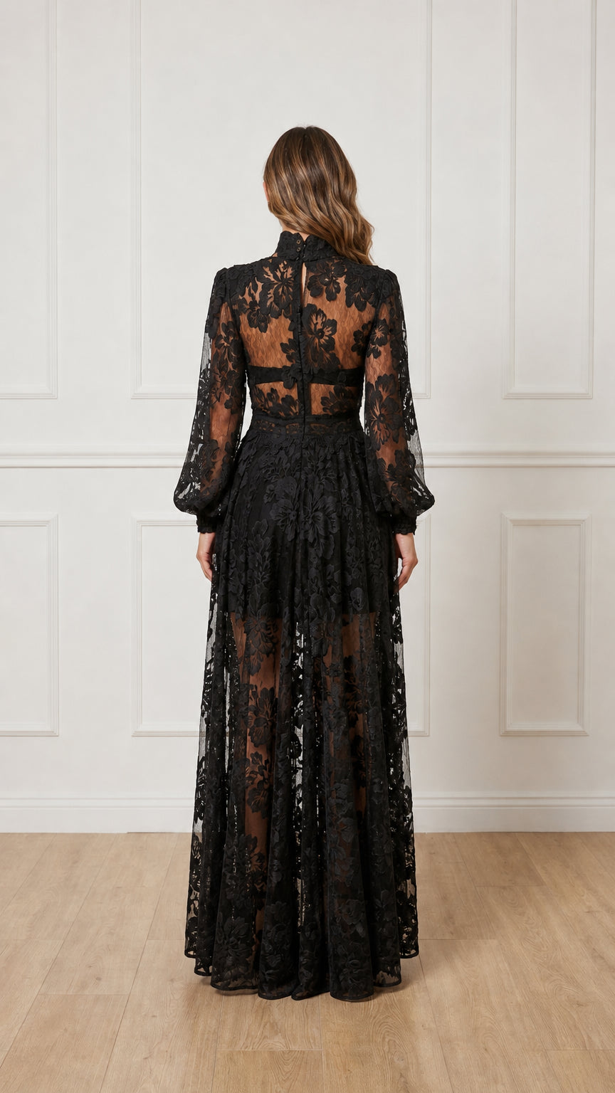Back view of black floral lace evening gown