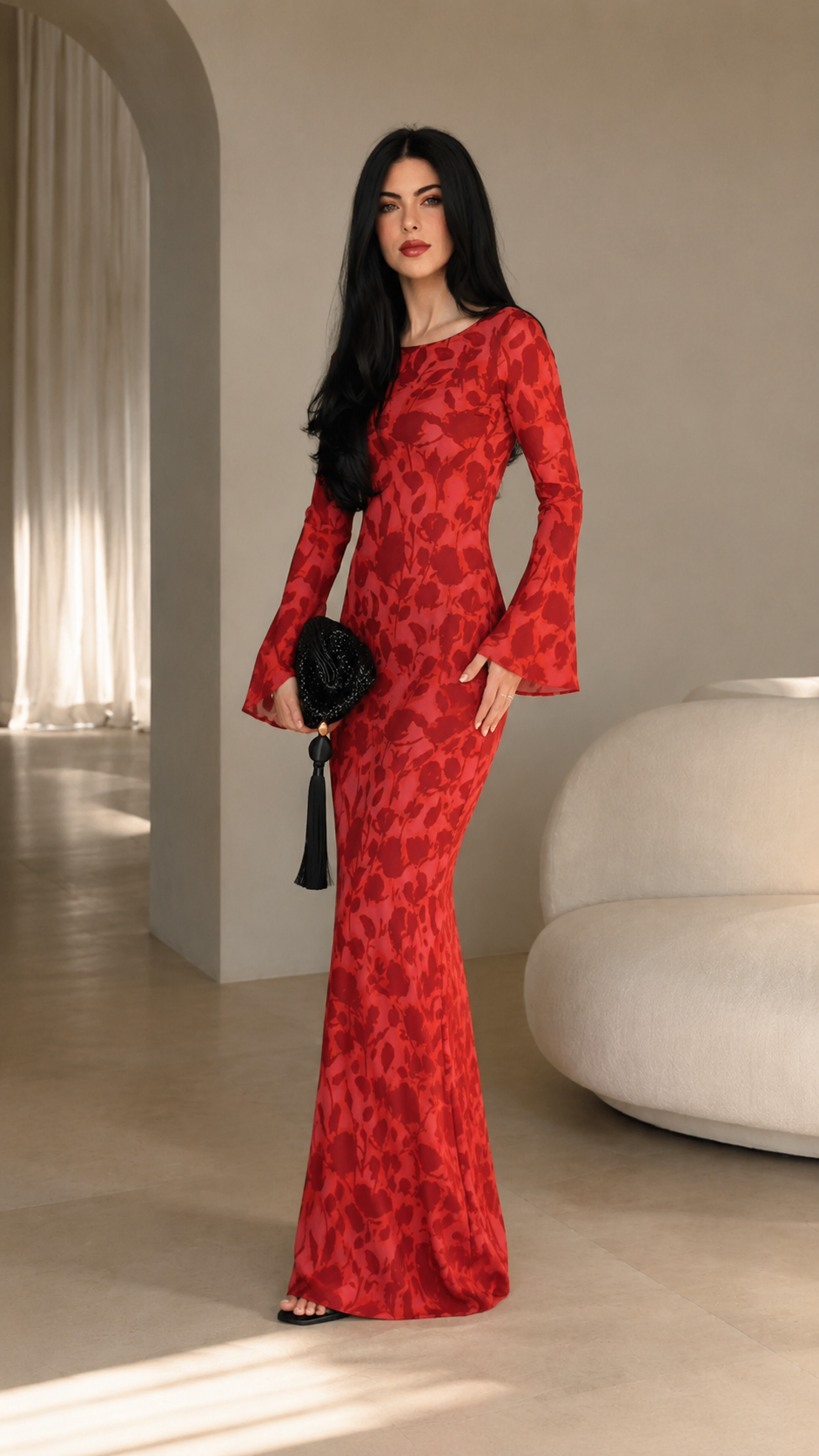 Angled front view of red floral jacquard slim maxi dress