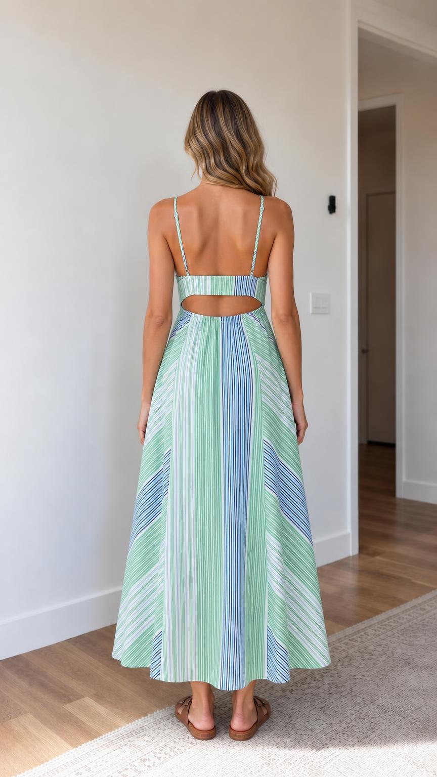 Back view showing cutout detail on green striped maxi dress
