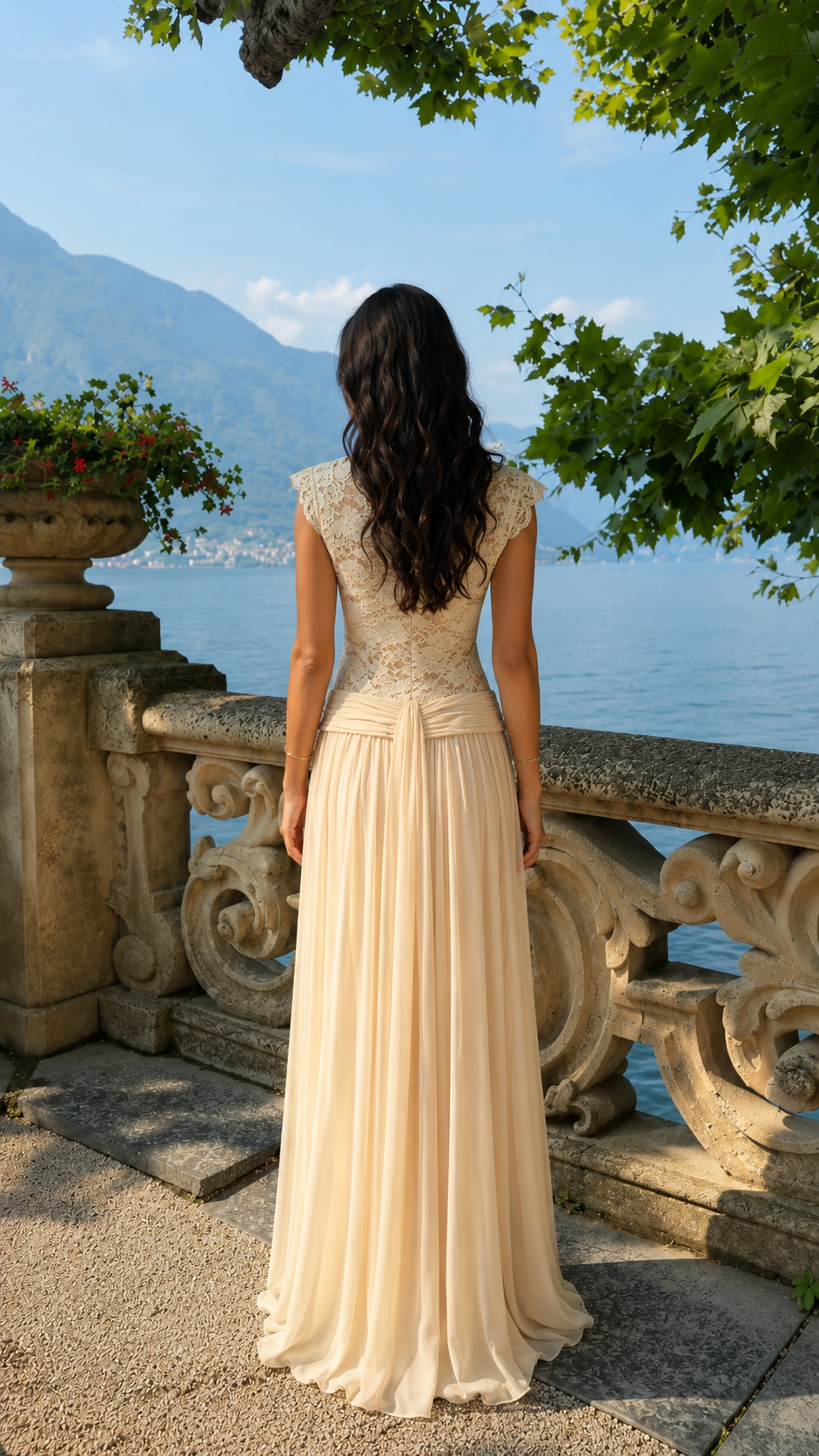 Back view of champagne lace bodice flowing maxi dress