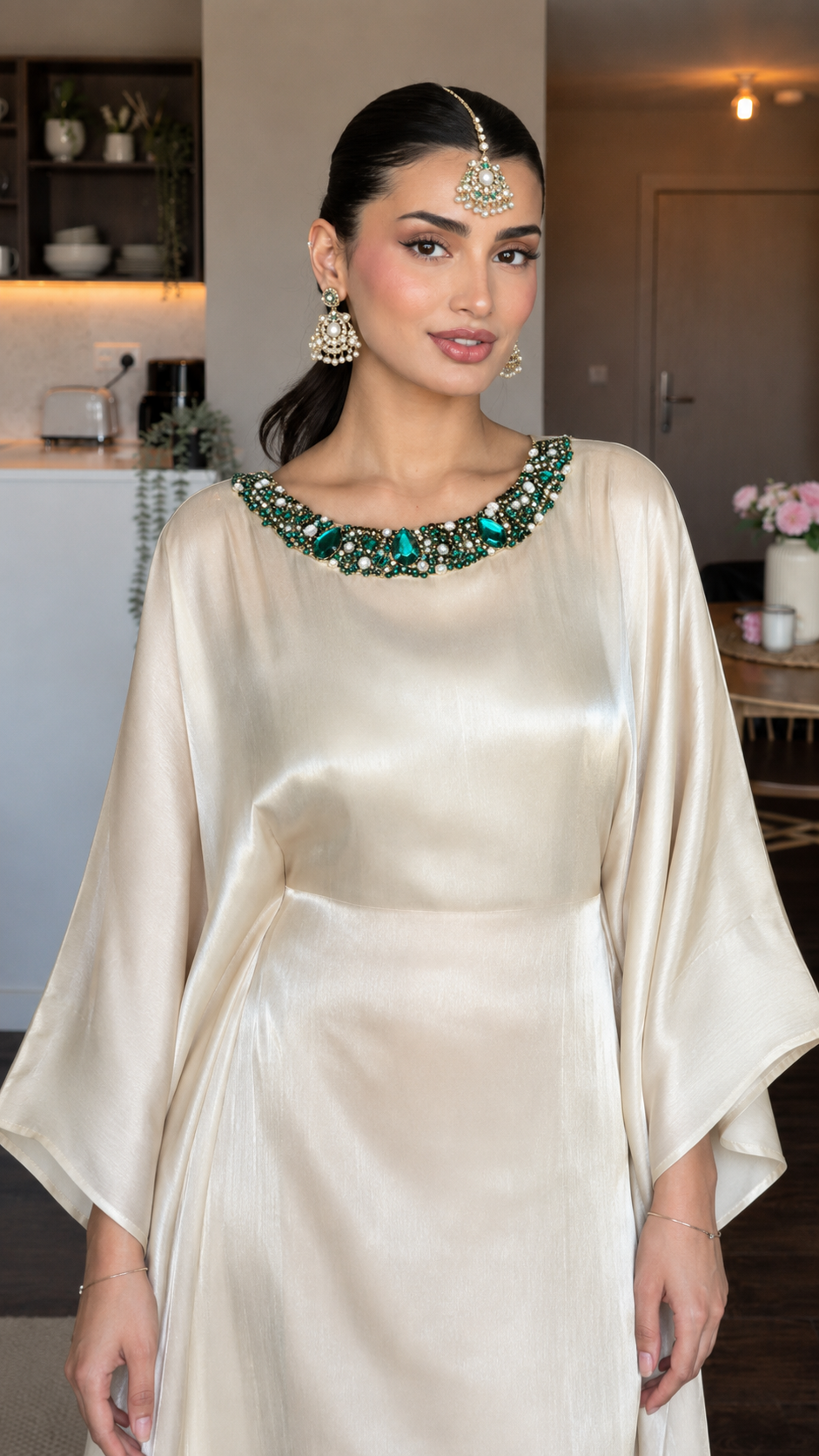 Close-up of champagne satin-look dress showing jeweled neckline and smooth draped bodice