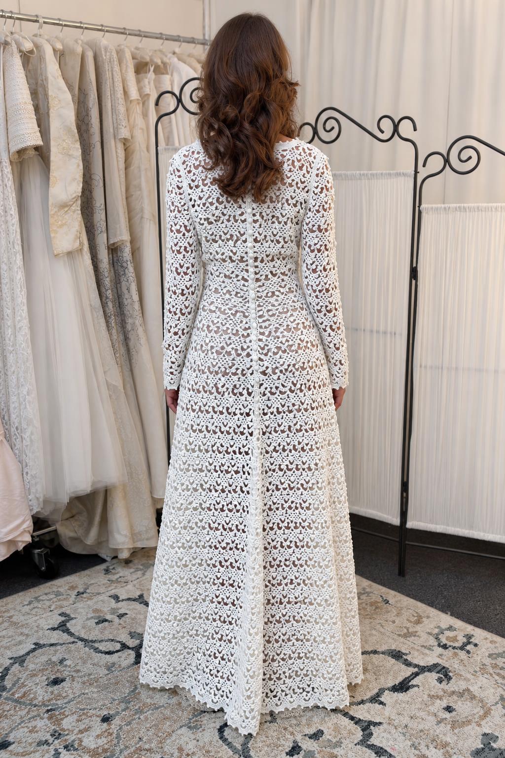 Back view of woman wearing white crochet lace maxi dress