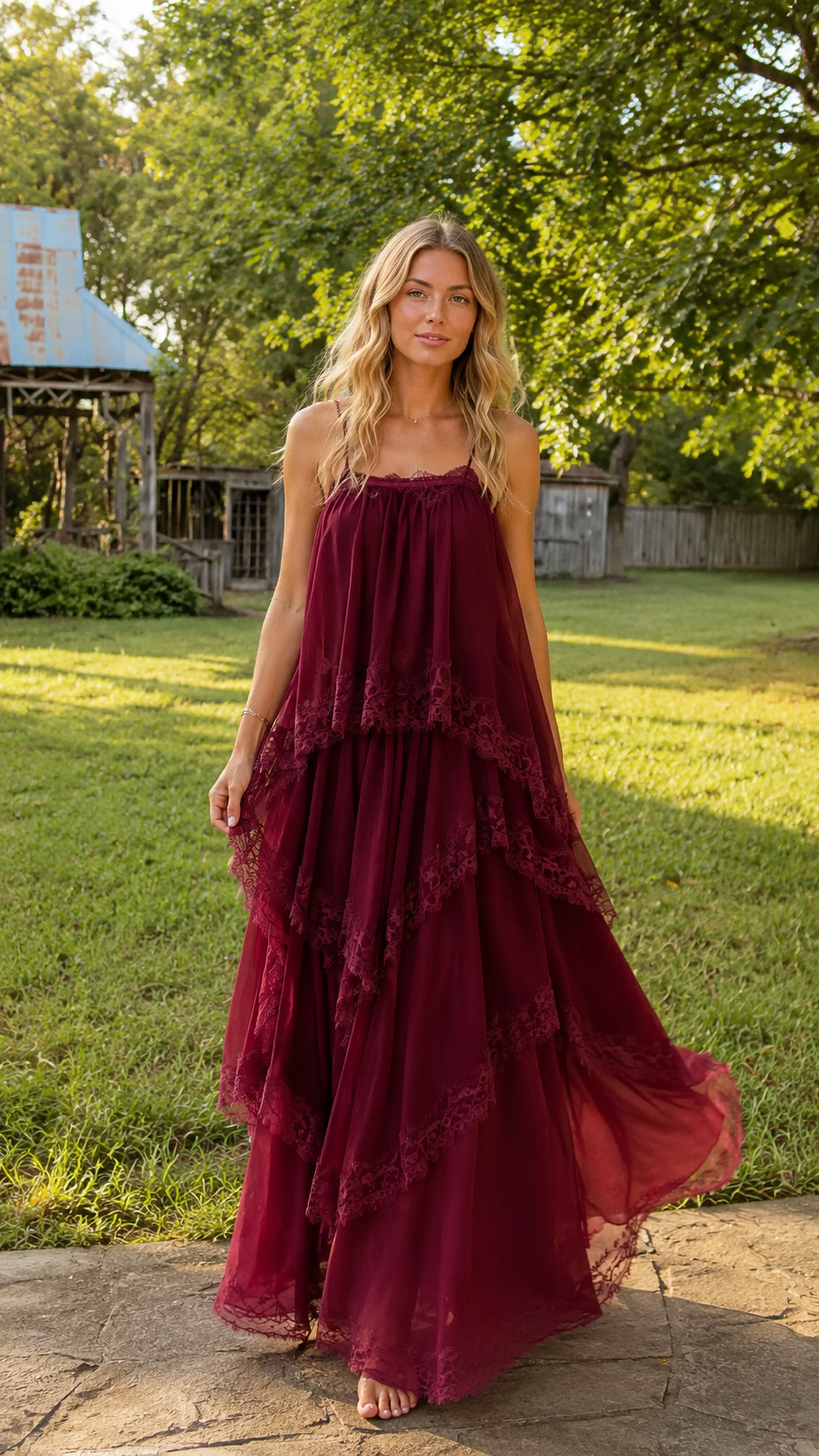 Burgundy tiered lace trim maxi dress with spaghetti straps front view