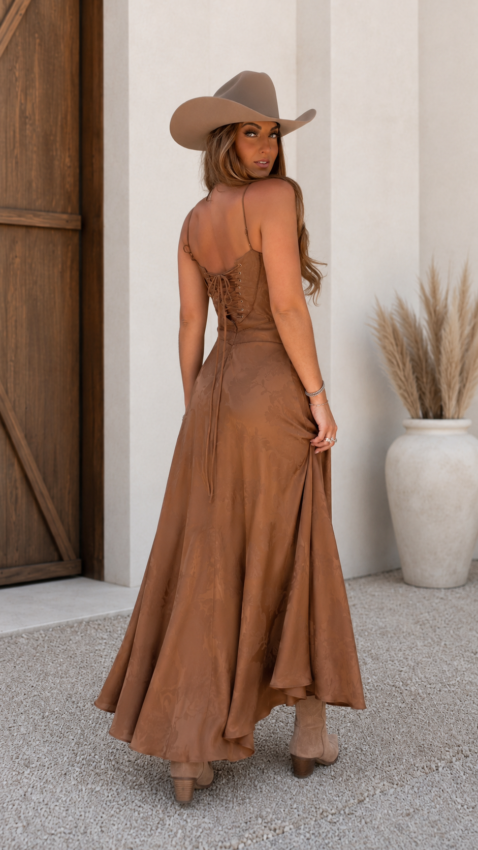 Camel satin-look maxi dress back view with lace-up back detail