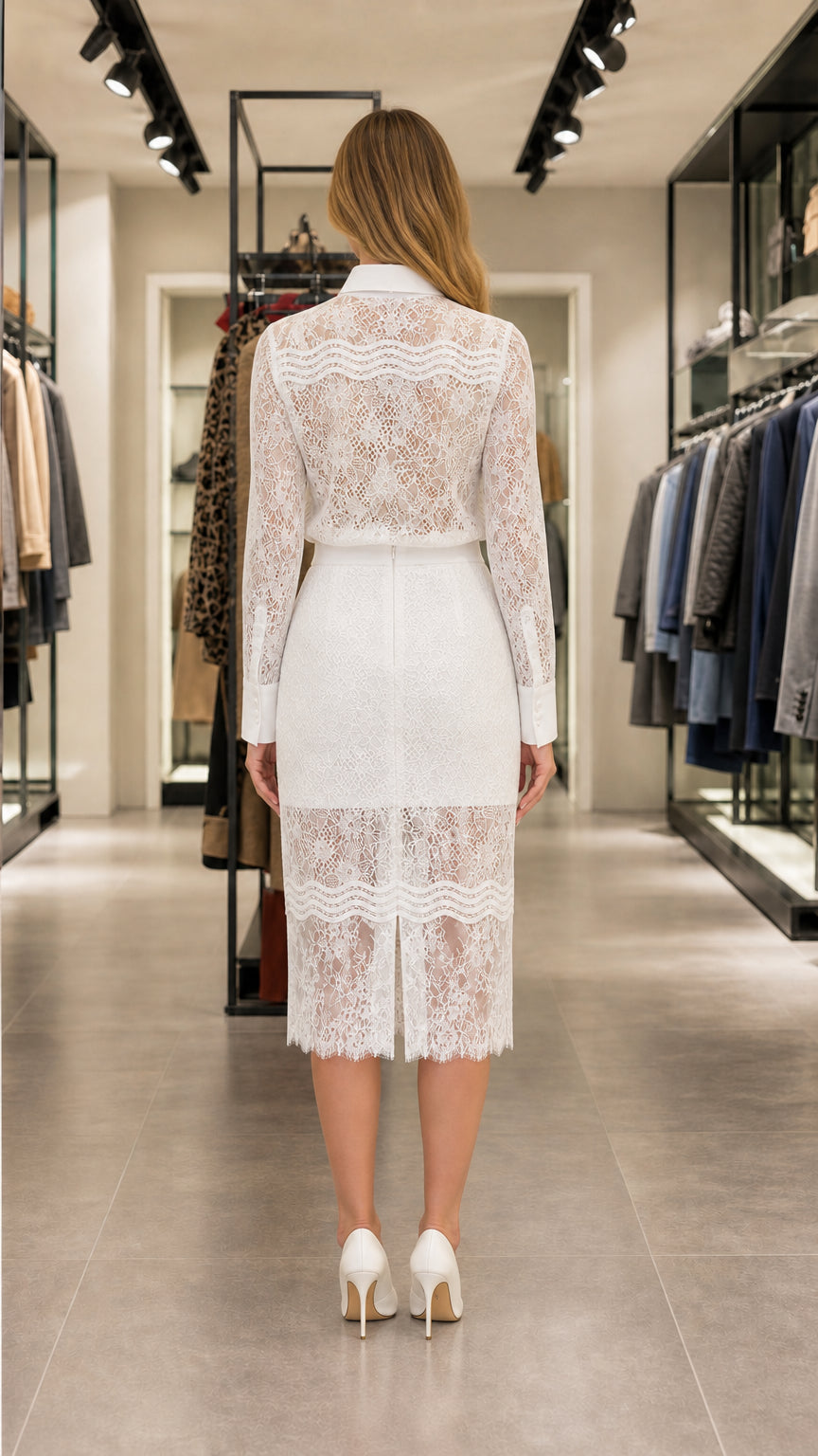 Back view of white lace matching set showing midi skirt hem detail