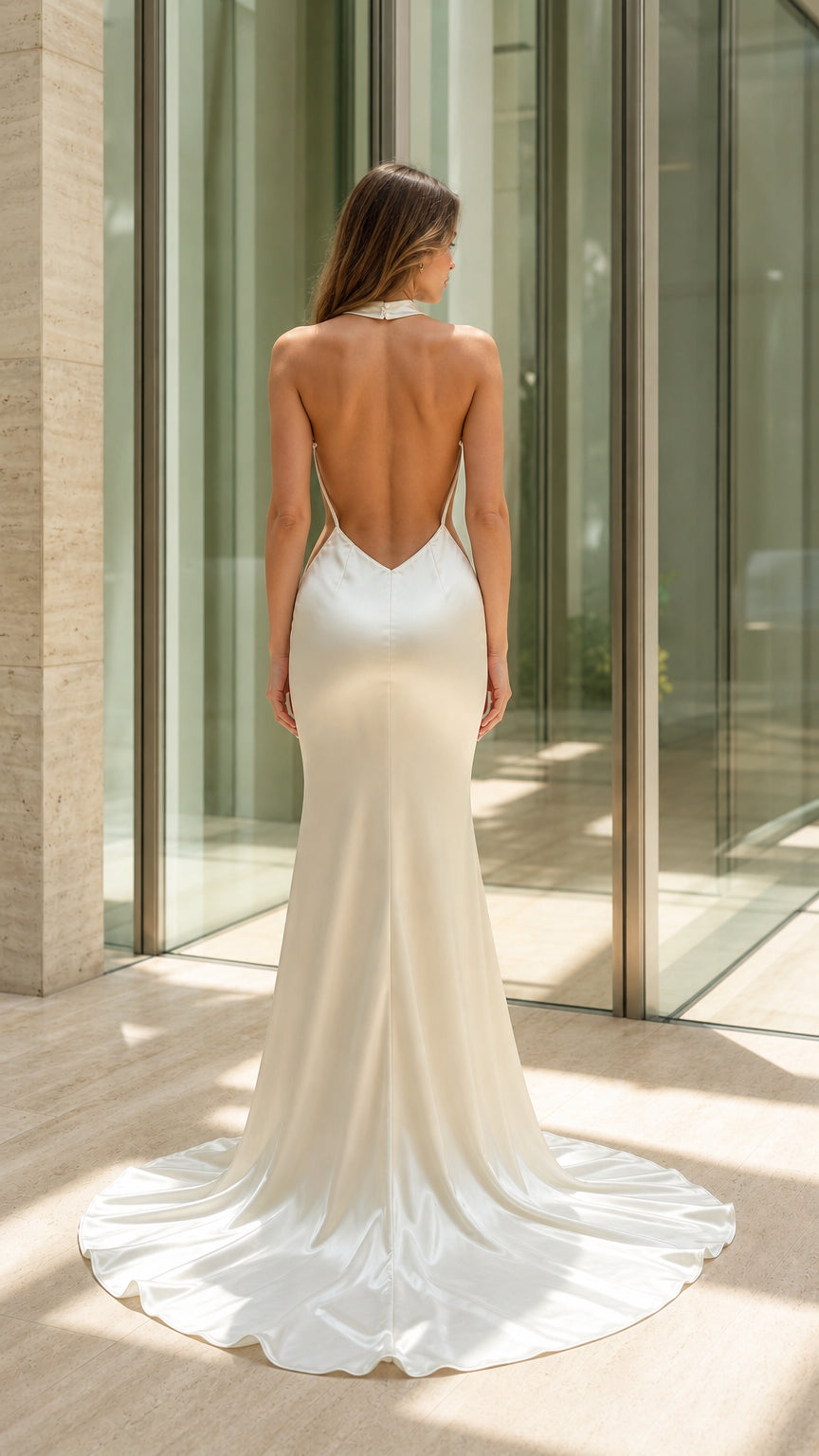 Back view showcasing open back and train of ivory satin dress