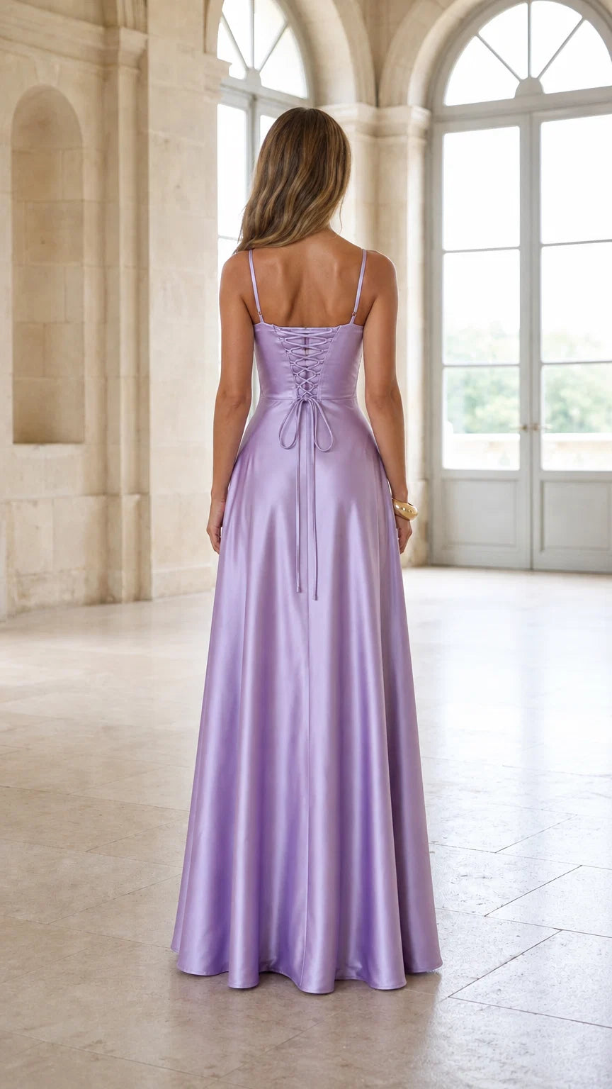 Back view showing lace-up detail on lavender satin dress