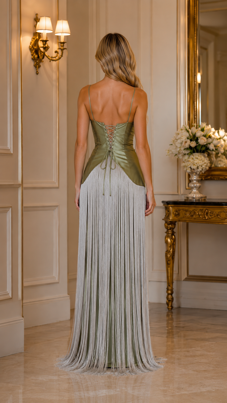 Back view of sage fringe maxi dress with lace-up corset back detail