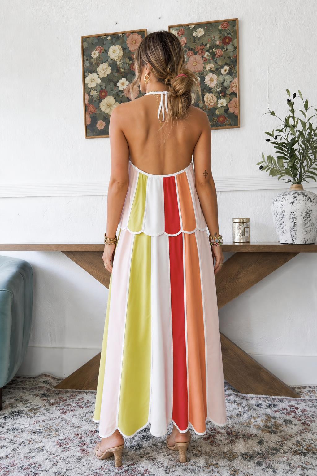 Model wearing multicolor maxi dress back view