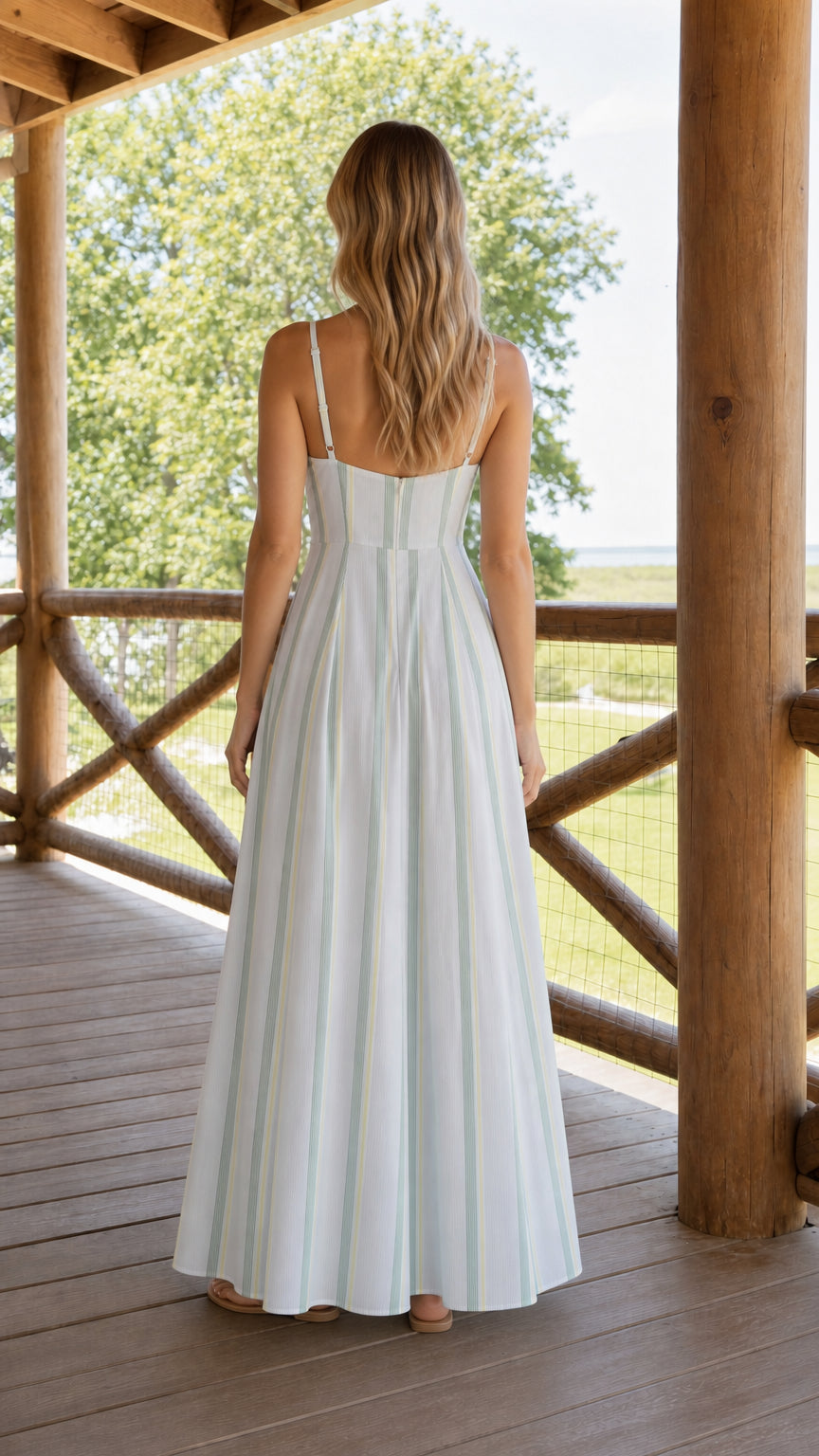 Back view of woman wearing white striped maxi dress