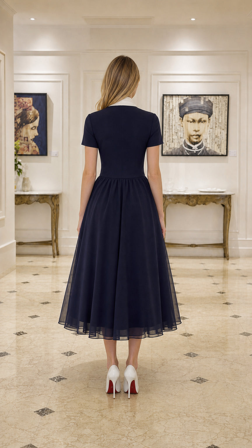 Back view of Navy tulle midi dress