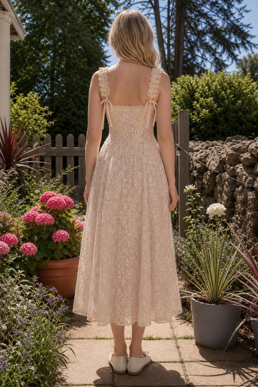 Back view of pink lace midi dress