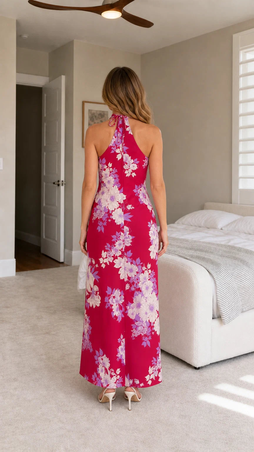 Back view of fuchsia floral halter neck maxi dress